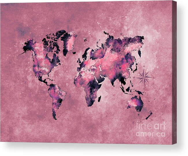 Map Of The World Acrylic Print featuring the digital art World Map Coral Pink by Justyna Jaszke JBJart