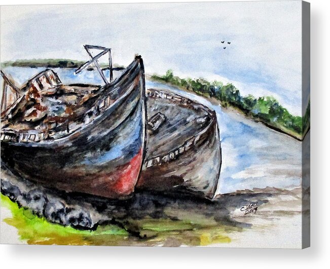 Boats Acrylic Print featuring the painting Wrecked River Boats by Clyde J Kell