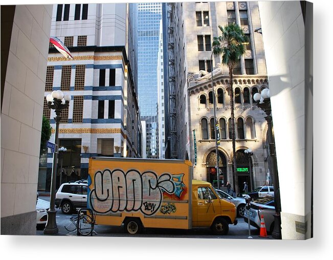 City Acrylic Print featuring the photograph Yellow Graffiti Truck Downtown LA by Matt Quest