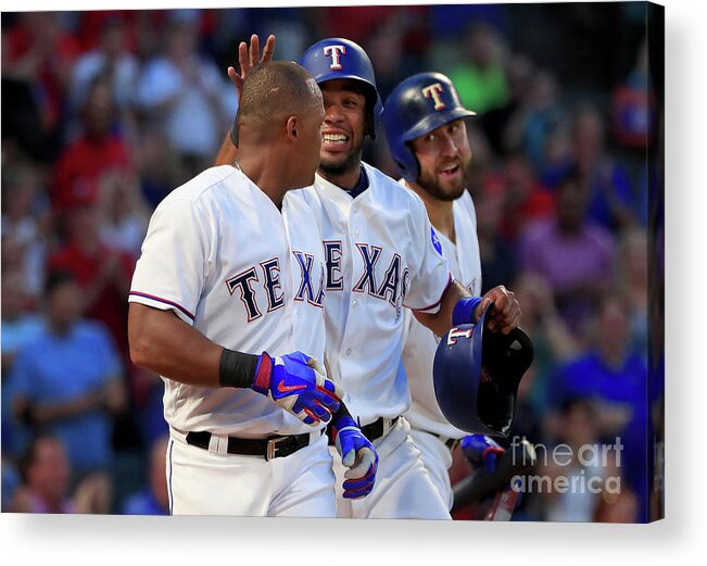 Adrian Beltre Acrylic Print featuring the photograph Adrian Beltre, Elvis Andrus, and Nomar Mazara by Tom Pennington