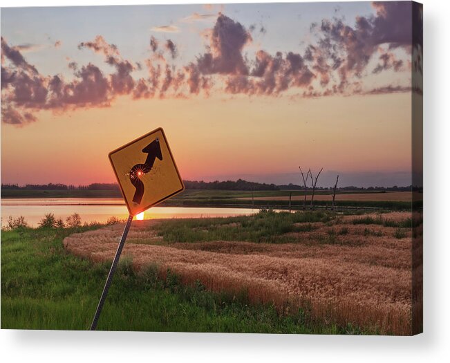 Sign Curve Scenic Landscape North Dakota Lake Syzygy Alignment Sun Pinhole Roadsign Hunting Bullet Humor Star Bullet Hole Shooting Shot Acrylic Print featuring the photograph Dodged a Bullet - curve in road sign with sunlight through bullet hole by Peter Herman