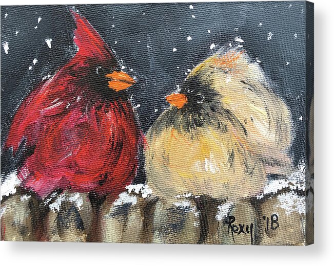 Cardinals Acrylic Print featuring the painting Love at First Flight by Roxy Rich