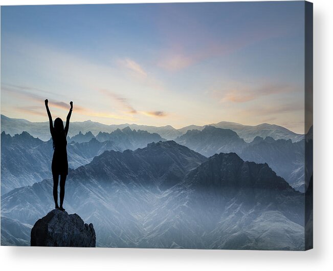 Motivation Acrylic Print featuring the photograph Woman Silhouette at sunset on hill #1 by Guvendemir