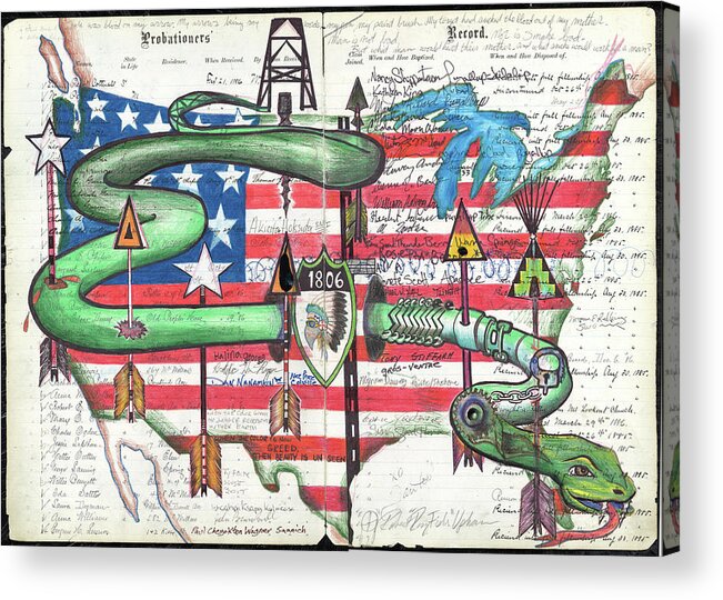 No Dapl Acrylic Print featuring the drawing 1806 Green Snake Ledger by Robert Running Fisher Upham