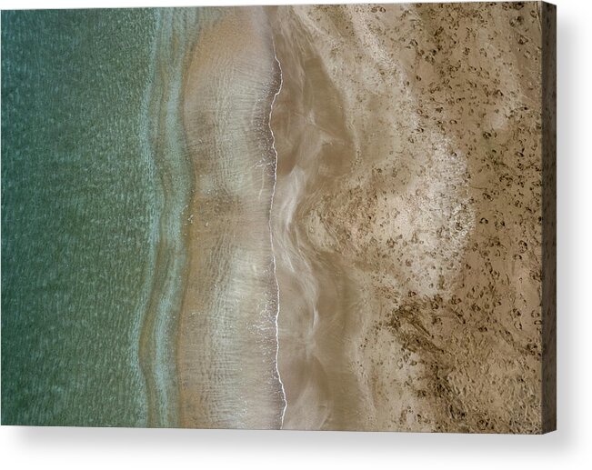 Golden Sand Acrylic Print featuring the photograph Aerial view drone of empty tropical sandy beach with golden sand. Seascape background by Michalakis Ppalis