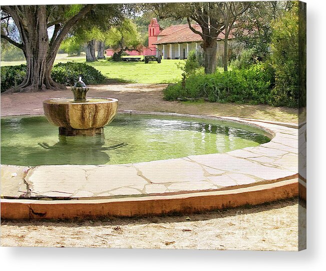 La Purisima Mission Acrylic Print featuring the photograph La Purisima fountain #2 by Sharon Foster