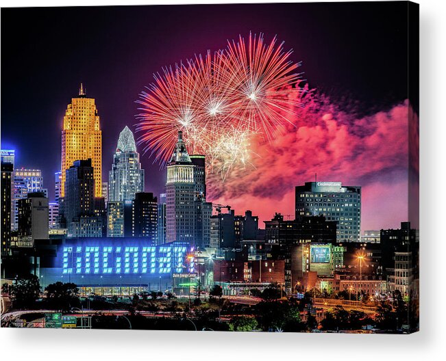 Cincinnati Acrylic Print featuring the photograph 2019 WEBN Fireworks Cincinnati Skyline Photograph by Dave Morgan