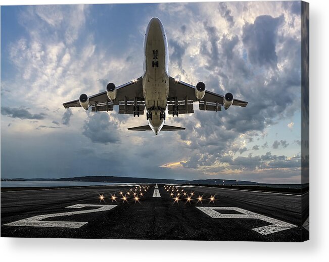 Taking Off Acrylic Print featuring the photograph Passenger airplane taking off at sunset #3 by Guvendemir