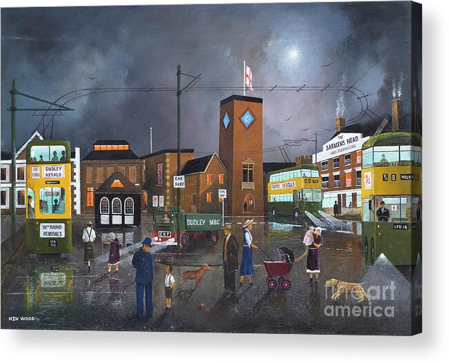England Acrylic Print featuring the painting Dudley Trolley Bus Terminus - England by Ken Wood