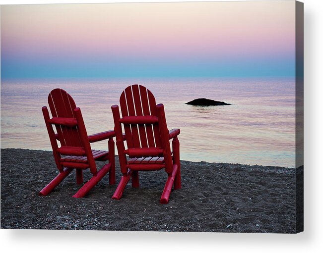 Lake Acrylic Print featuring the photograph A Superior View - red chairs and Lake Superior sunset at Lutsen Resort by Peter Herman