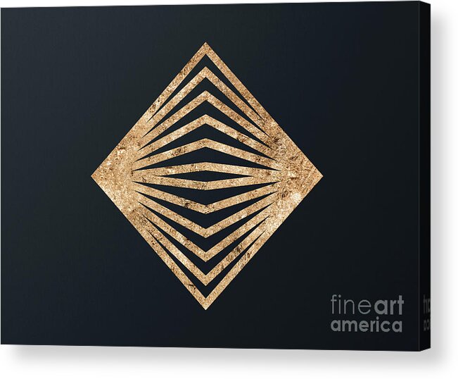 Glyph Acrylic Print featuring the mixed media Abstract Geometric Gold Glyph Art on Dark Teal Blue 148 Horizontal by Holy Rock Design