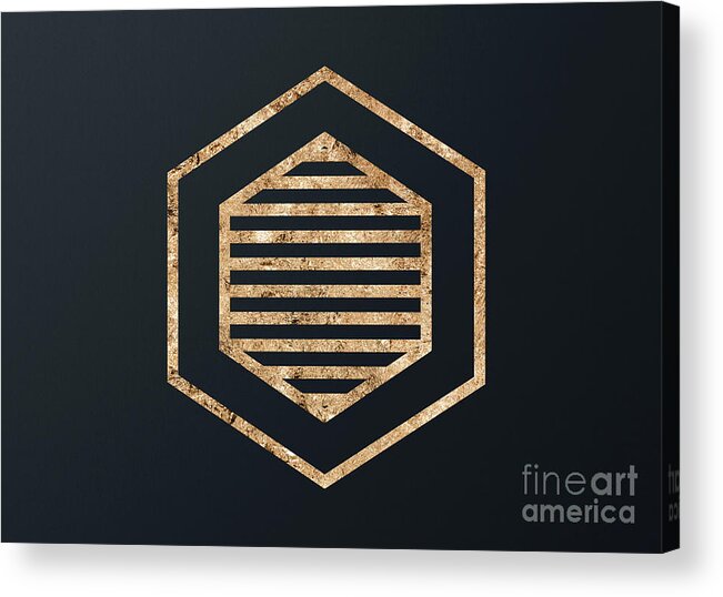 Glyph Acrylic Print featuring the mixed media Abstract Geometric Gold Glyph Art on Dark Teal Blue 406 Horizontal by Holy Rock Design