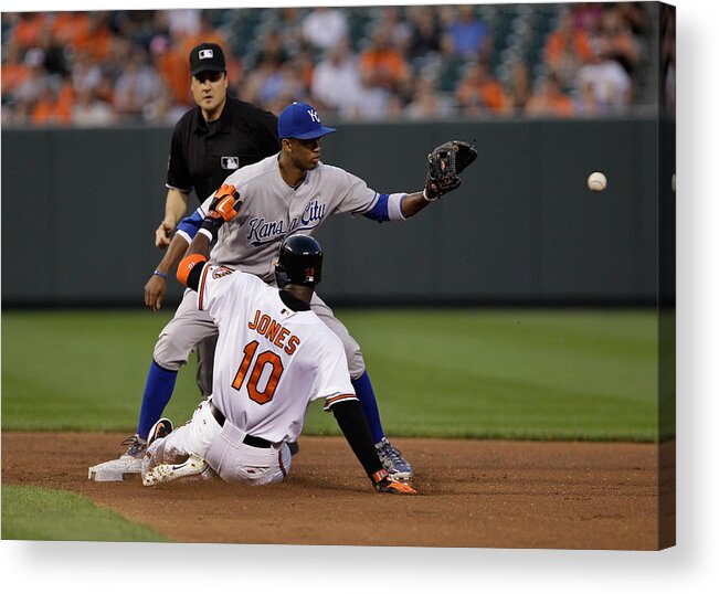 American League Baseball Acrylic Print featuring the photograph Adam Jones and Alcides Escobar by Rob Carr