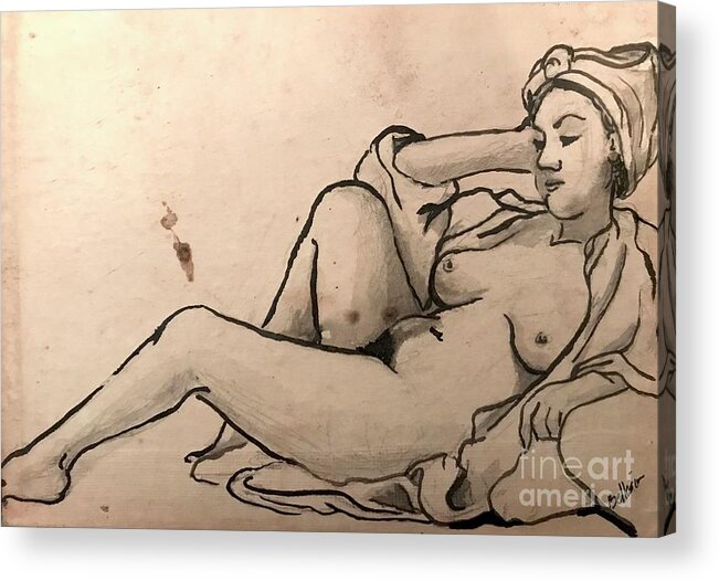 Sumi Ink Acrylic Print featuring the drawing Alice Reclined by M Bellavia