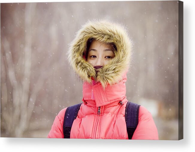 Beautiful Woman Acrylic Print featuring the photograph Asian girl in snowing day by Lawren