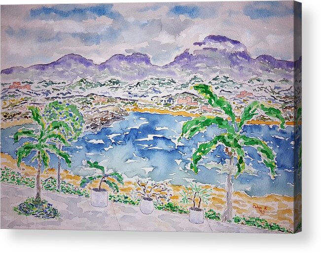 Watercolor Acrylic Print featuring the painting Bahia de Tangolunda by John Klobucher