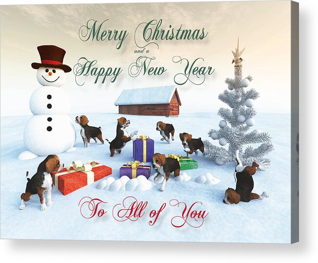 All Acrylic Print featuring the digital art Beagle Puppies Christmas New Year Snowscene for All of You by Jan Keteleer