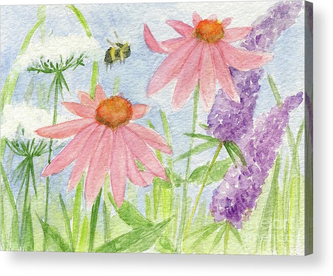 Pink Flowers Acrylic Print featuring the painting Bees in the Cottage Garden by Laurie Rohner