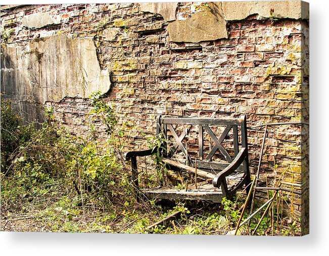 Bench Wall Wood Old Acrylic Print featuring the photograph Bench Wall 1 by John Linnemeyer