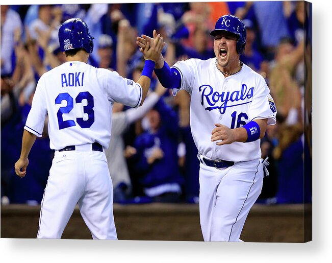 American League Baseball Acrylic Print featuring the photograph Billy Butler and Alcides Escobar by Jamie Squire