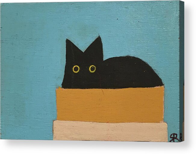 Black Cat Acrylic Print featuring the painting Black cat in box blue by Sherry Rusinack
