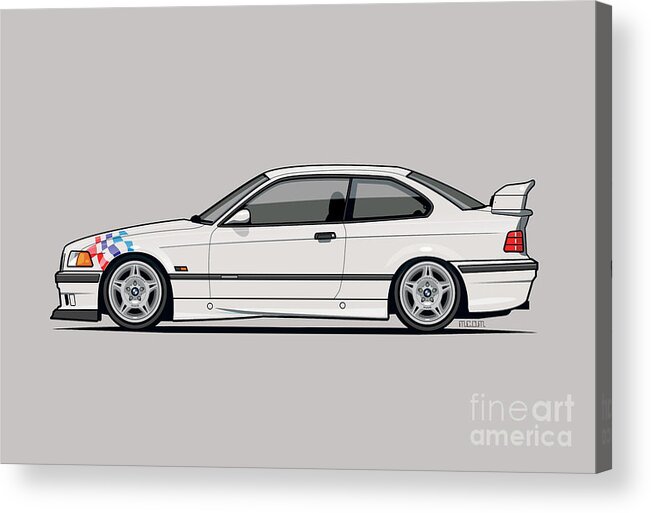 Car Acrylic Print featuring the digital art BMW 3 Series E36 M3 Coupe Lightweight White With Checkered Flag by Tom Mayer II Monkey Crisis On Mars