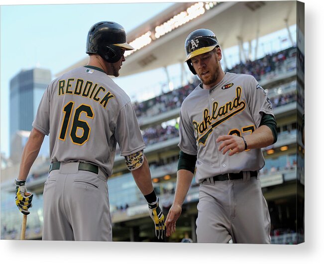 Second Inning Acrylic Print featuring the photograph Brandon Moss and Josh Reddick by Hannah Foslien