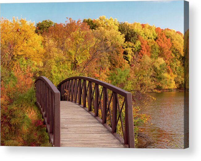 September Acrylic Print featuring the photograph Bridge Into the Forest of Trees Autumn by Sandra J's