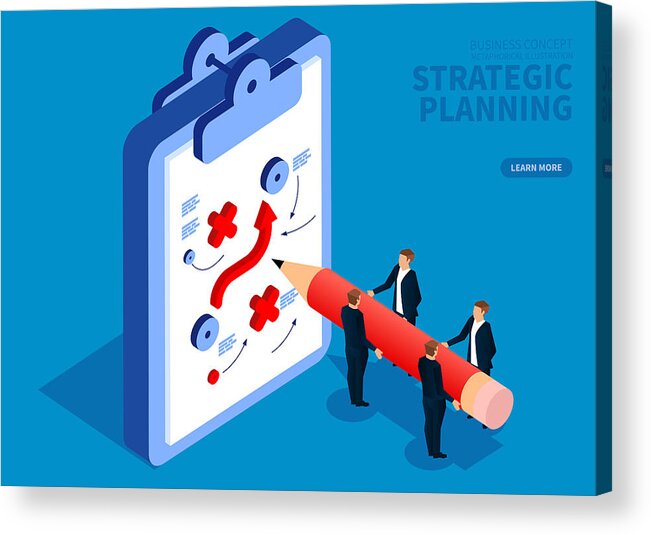 Teamwork Acrylic Print featuring the drawing Business team draws strategic plan by Sesame