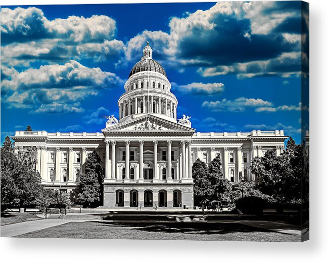 California State Capitol Acrylic Print featuring the digital art California State Capitol in Sacramento - Black and white, with the blue sky isolated by Nicko Prints
