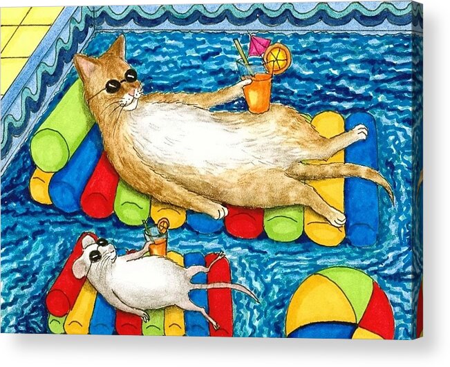 Cat Acrylic Print featuring the painting Cat 373 mouse Pool by Lucie Dumas