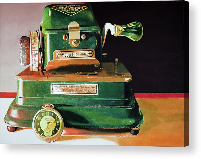 Vintage Check Writer Machine Acrylic Print featuring the painting Checked by Denny Bond
