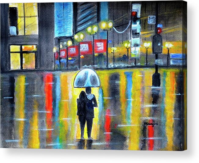 Cityscape Acrylic Print featuring the painting City Romance in the rain valentine gift art by Manjiri Kanvinde