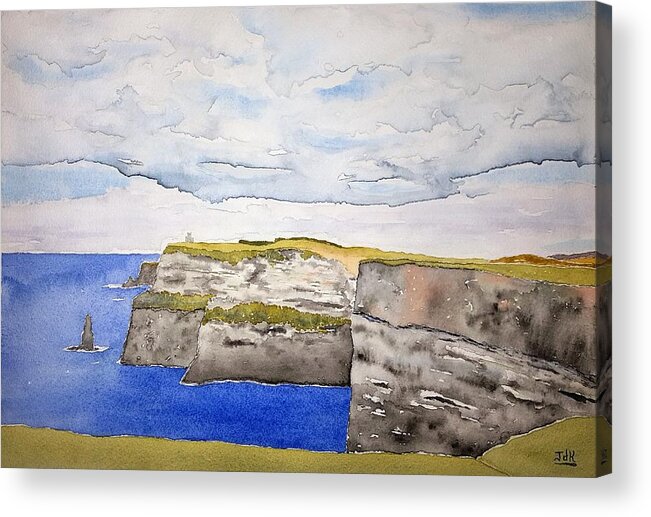 Watercolor Acrylic Print featuring the painting Cliffs of Moher by John Klobucher