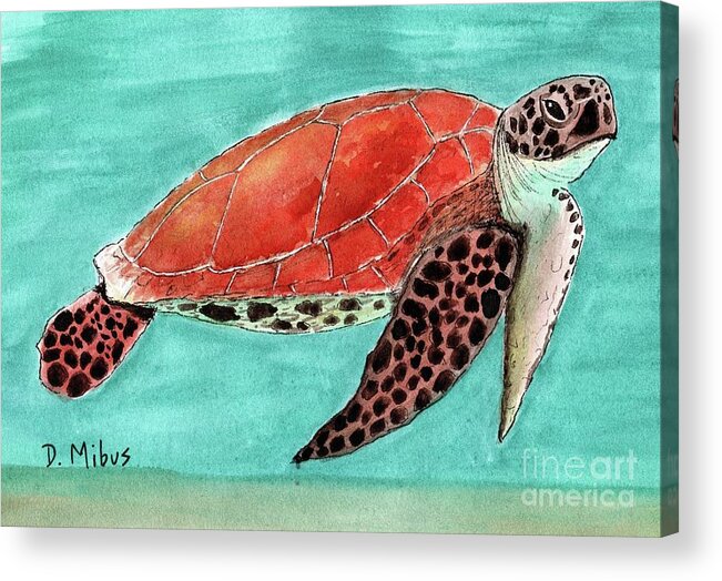 Sea Turtle Acrylic Print featuring the painting Colorful Sea Turtle in Blue Green Water by Donna Mibus