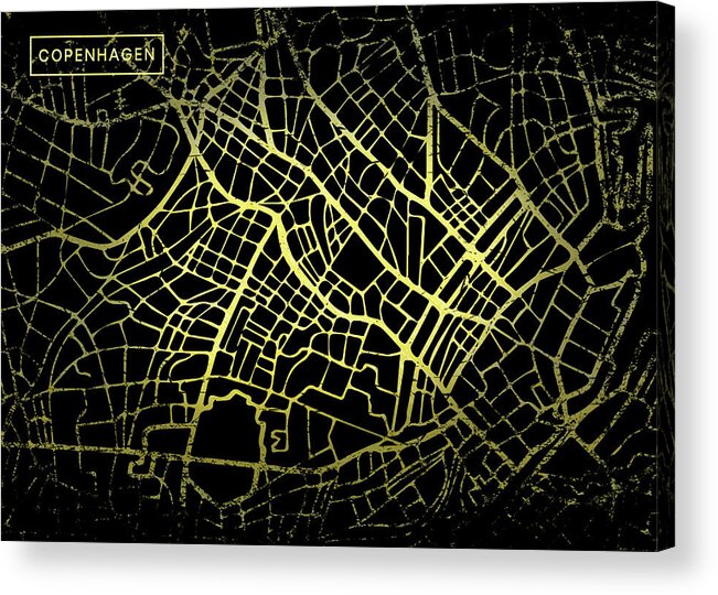 Map Acrylic Print featuring the digital art Copenhagen Map in Gold and Black by Sambel Pedes