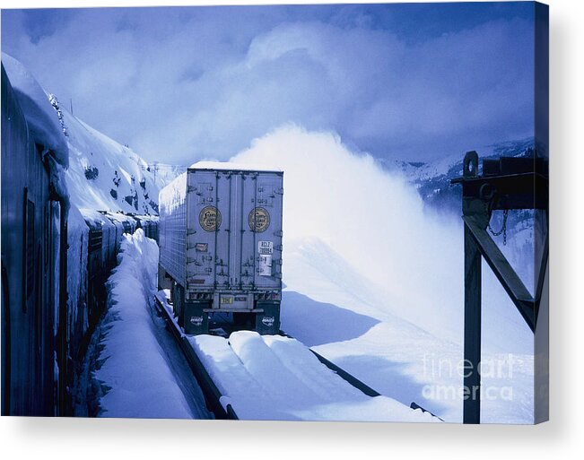 Train Acrylic Print featuring the photograph VINTAGE RAILROAD - Donner Summit Digging Out a Piggyback Train by John and Sheri Cockrell
