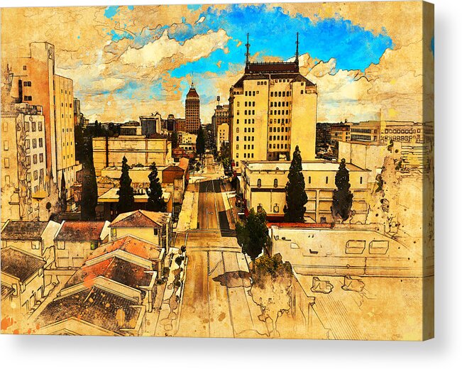 Fresno Acrylic Print featuring the digital art Downtown Fresno, California, seen above Fulton Street - painting and sketch by Nicko Prints