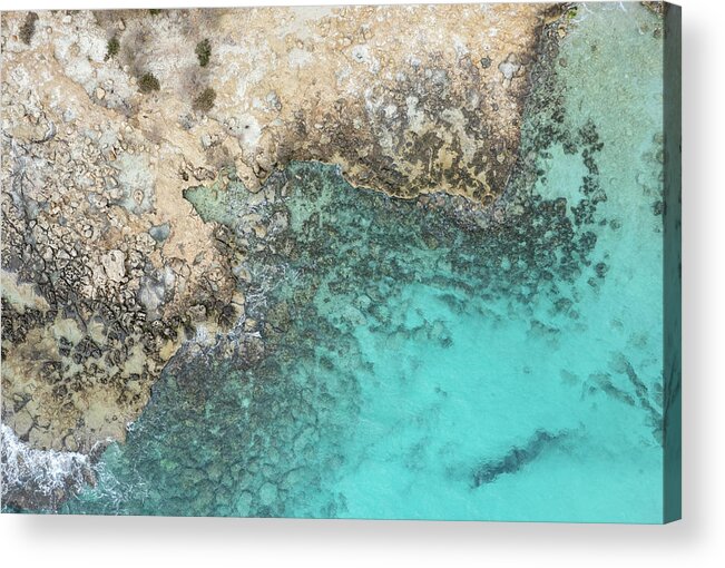 Rocky Beach Acrylic Print featuring the photograph Drone aerial of rocky sea coast with transparent turquoise water. Seascape top view by Michalakis Ppalis