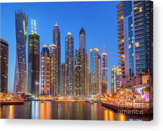 Dubai Skyline Night Acrylic Print featuring the photograph Dubai Marina Skyline at night by Neale And Judith Clark
