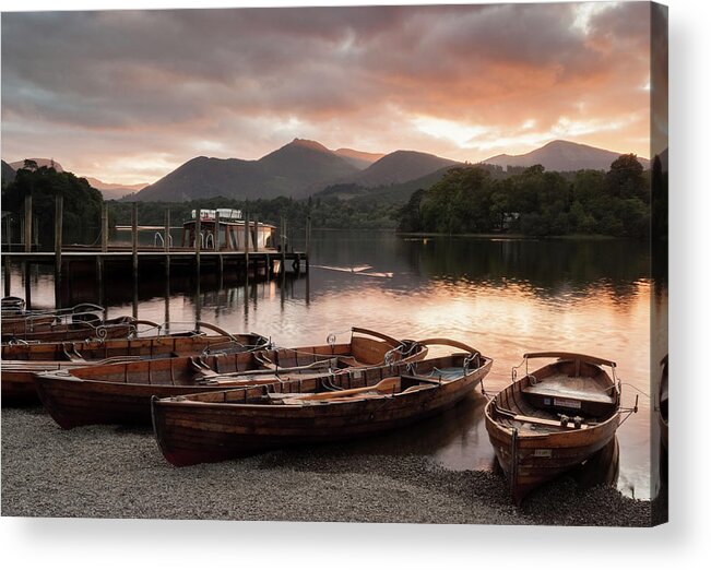 Cumbria Acrylic Print featuring the photograph Dusk over Derwent Water, The Lake District, England, UK by Sarah Howard