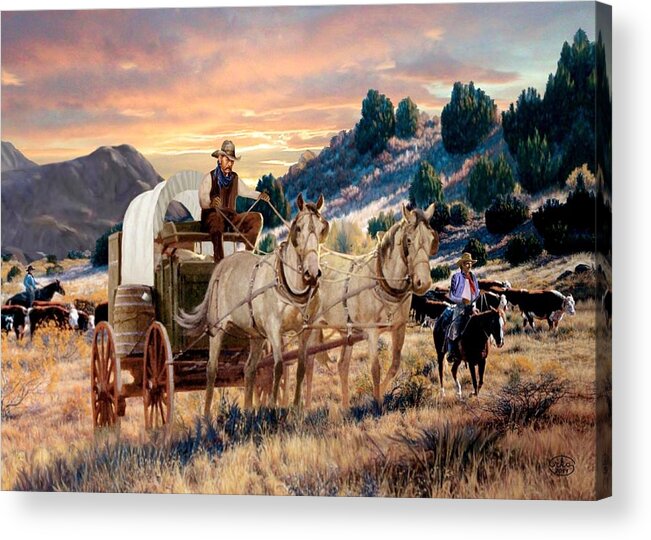 Covered Wagon Chuck Horse Team Horse Cowboy Cattle Drive Move Them Out Round Up Horse Back Crossing Old Red Wheel Sunrise Sunset Mountain Early Morning Valley Herd Cattleman Team Horseman Ron Chambers Ronald K Rkc First Light Camp Pioneer Train Heading West Prairie Cook Cowpuncher Longhorns Daybreak Scape Last Landscape Sundown Dawns An Am As At If In Is It Of On Or Us A Be He Me We Do No So To By Than From And The This But For With Trail Moving Them Country Western Animals Wild Life Wildlife Acrylic Print featuring the painting Early Morning Drive by Ron Chambers