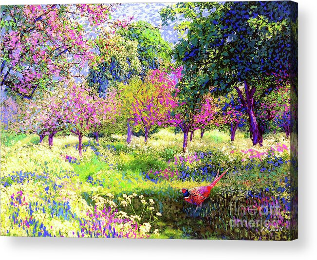 Floral Acrylic Print featuring the painting Echoes from Heaven, Spring Orchard Blossom and Pheasant by Jane Small
