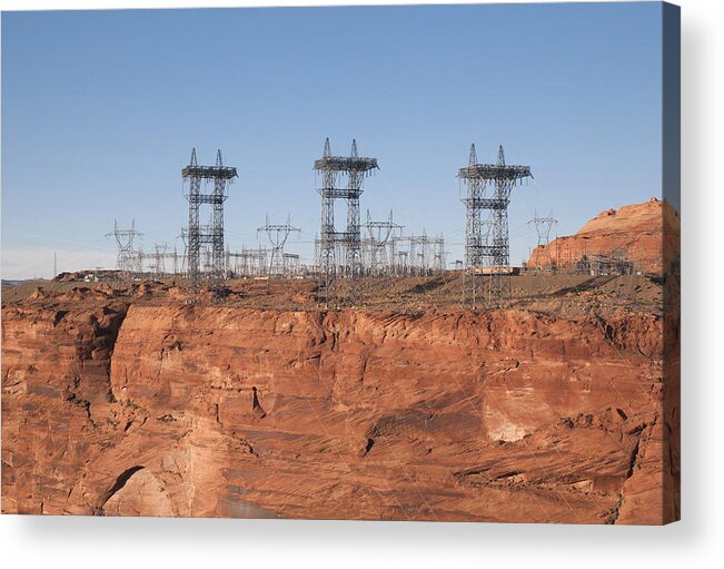 Environmental Conservation Acrylic Print featuring the photograph Electricity pylons over a dam by Fotosearch