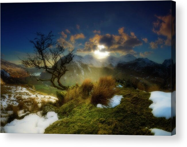 Wales Acrylic Print featuring the digital art Evening view of Snowdon by Remigiusz MARCZAK