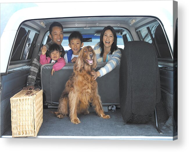 Blouse Acrylic Print featuring the photograph Family of four and dog in back of car, portrait, view through boot by Kei Uesugi