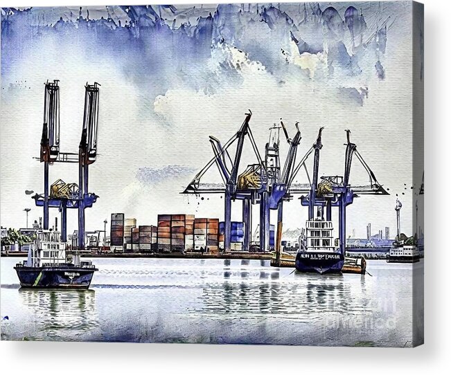 Port Acrylic Print featuring the painting Ferryboat Painting port portcrane sea ship silhouettes blue water bright coast crane ferryboat nave background box business cargo china commerce commercial container containers crane delivery dock by N Akkash