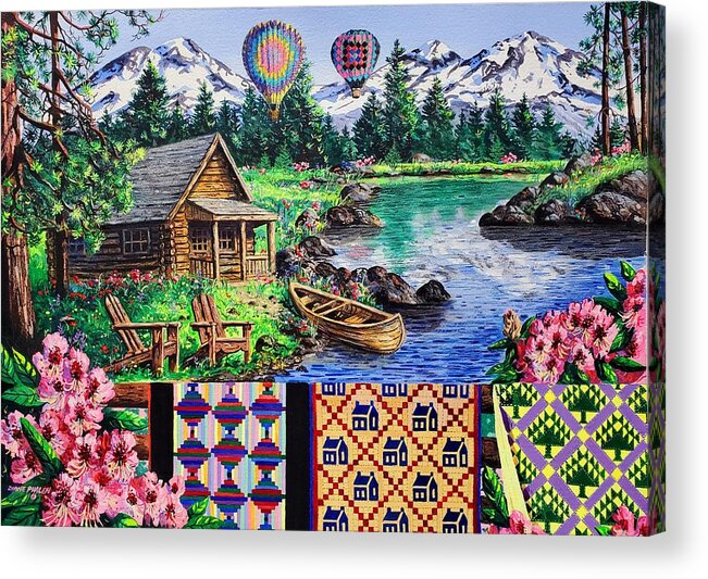 Quilts Acrylic Print featuring the painting Floating Over Sisters by Diane Phalen