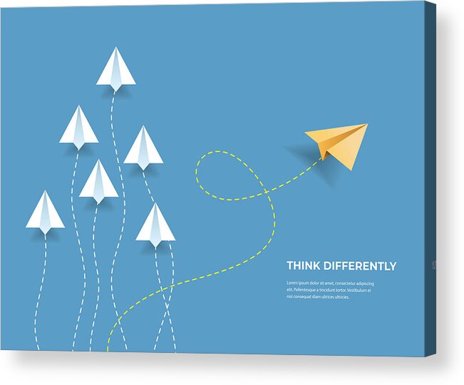 Strategy Acrylic Print featuring the drawing Flying paper airplanes. Think differently, leadership, trends, creative solution and unique way concept. Be different. by Merovingian