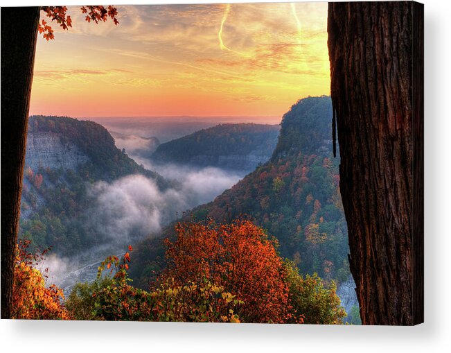 Letchworth State Park Acrylic Print featuring the photograph Foggy Sunrise Over Letchworth State Park In New York by Jim Vallee